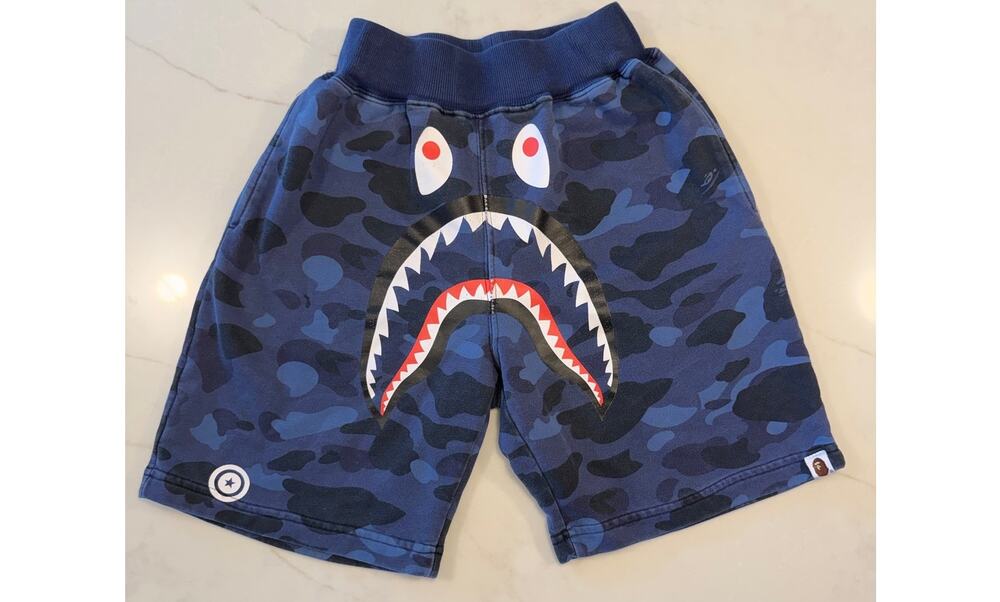 A bathing ape Bape Shorts Blue Camo Shark Big Logo mens M *read